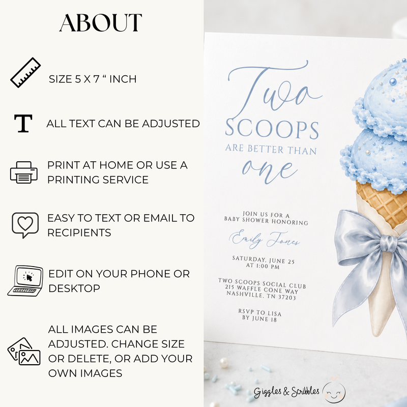 Two Scoops Are Better Than One Twin Boys Baby Shower Invitation BS315
