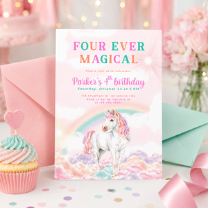 Four Ever Magical Unicorn 4th Birthday Invitation L83