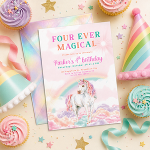 Four Ever Magical Unicorn 4th Birthday Invitation L83