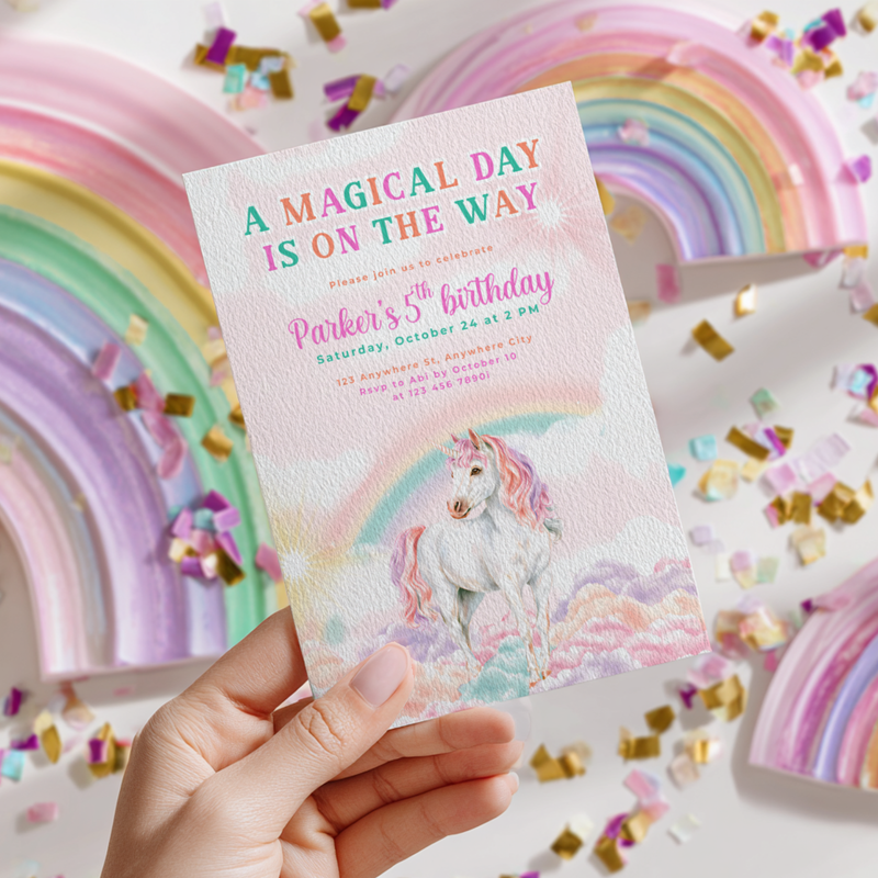 Pastel Rainbow Unicorn Birthday Invitation L83