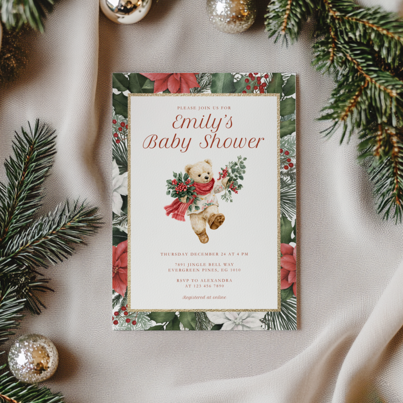 Bear Vintage Christmas Baby Shower Invitation L66