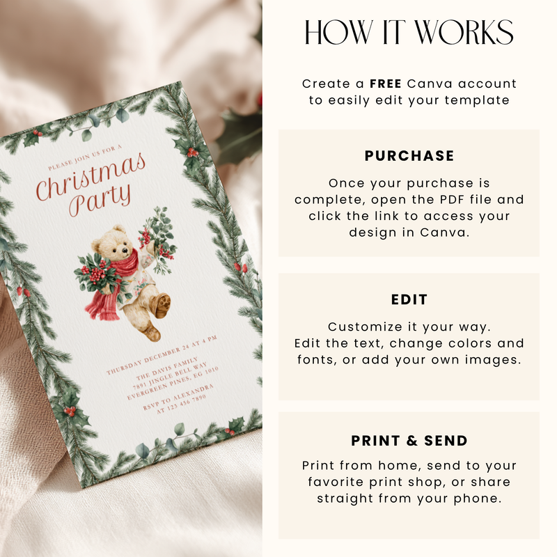 Vintage Christmas Bear Party Invitation L65