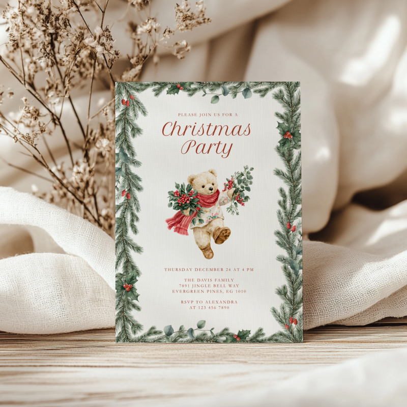 Vintage Christmas Bear Party Invitation L65