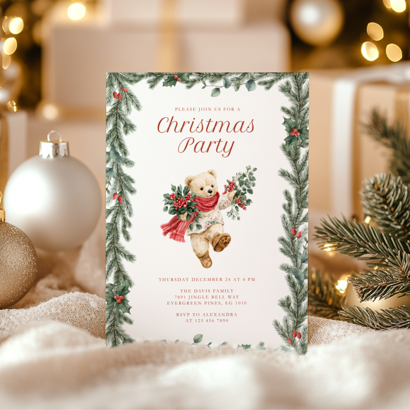 Vintage Christmas Bear Party Invitation L65