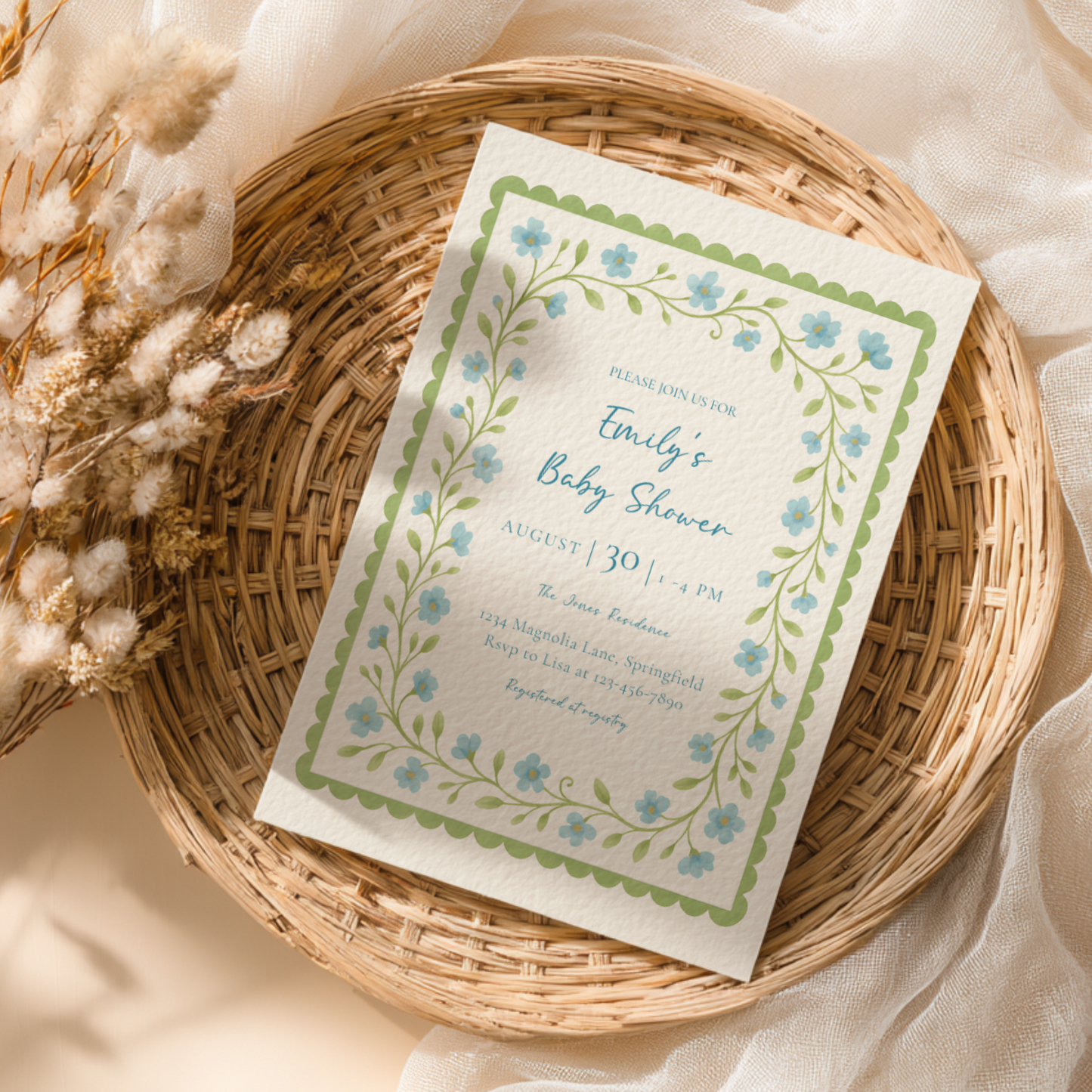 Baby Shower Invitation - Blue & Green Floral Garden Party BS169