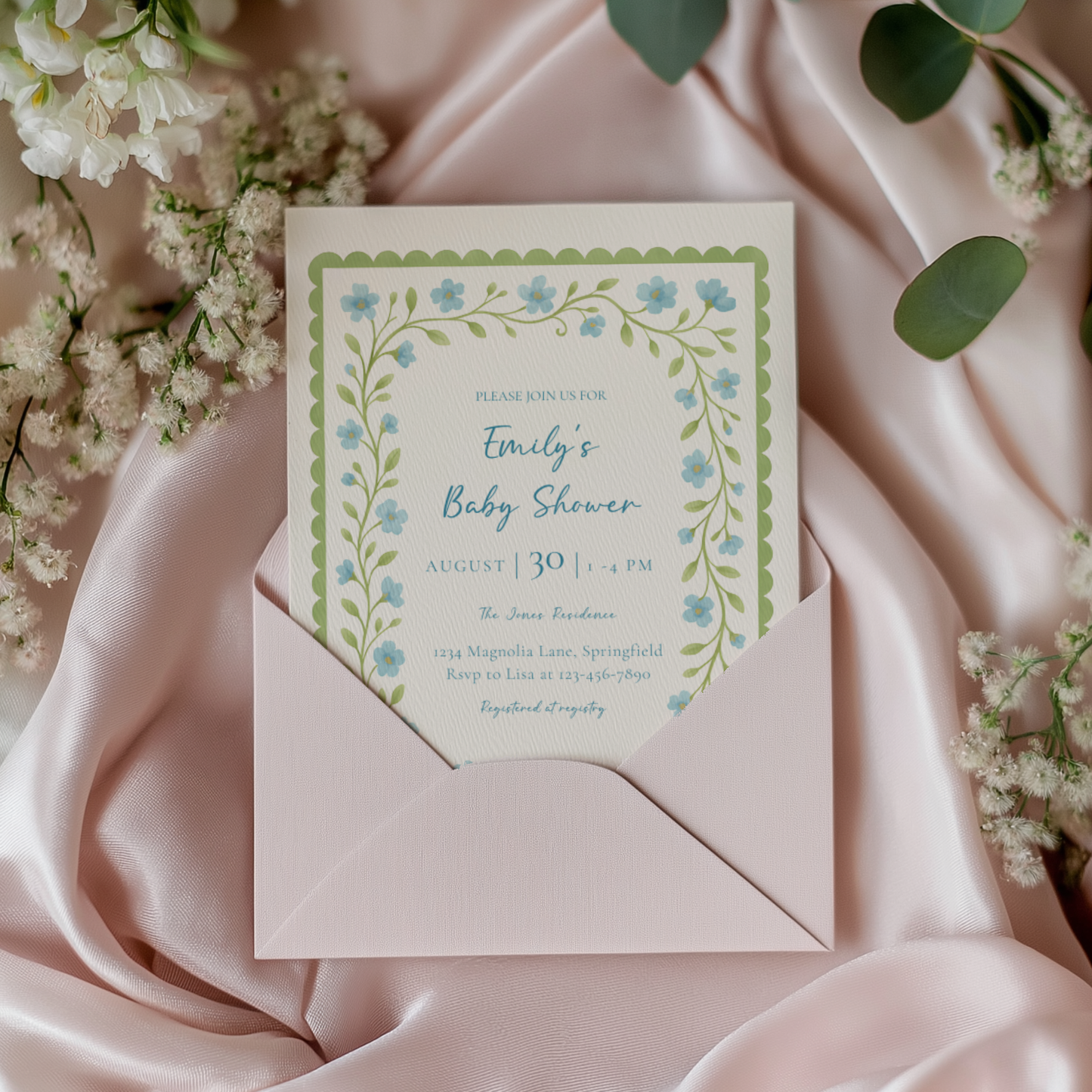 Baby Shower Invitation - Blue & Green Floral Garden Party BS169