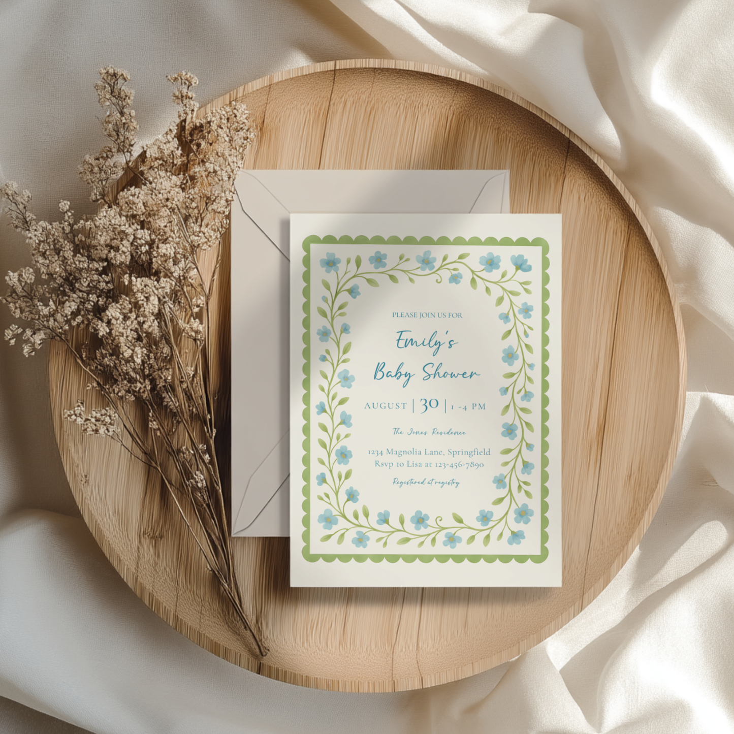 Baby Shower Invitation - Blue & Green Floral Garden Party BS169