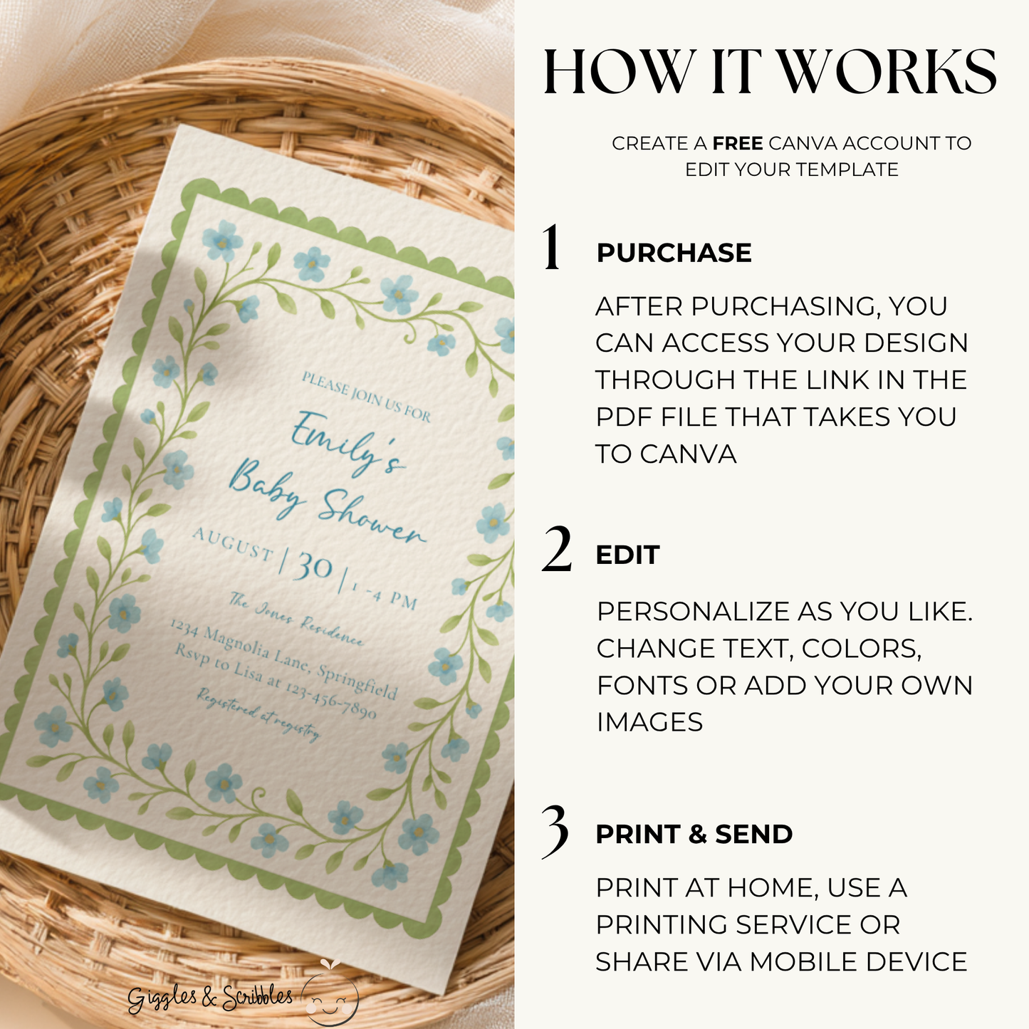 Baby Shower Invitation - Blue & Green Floral Garden Party BS169