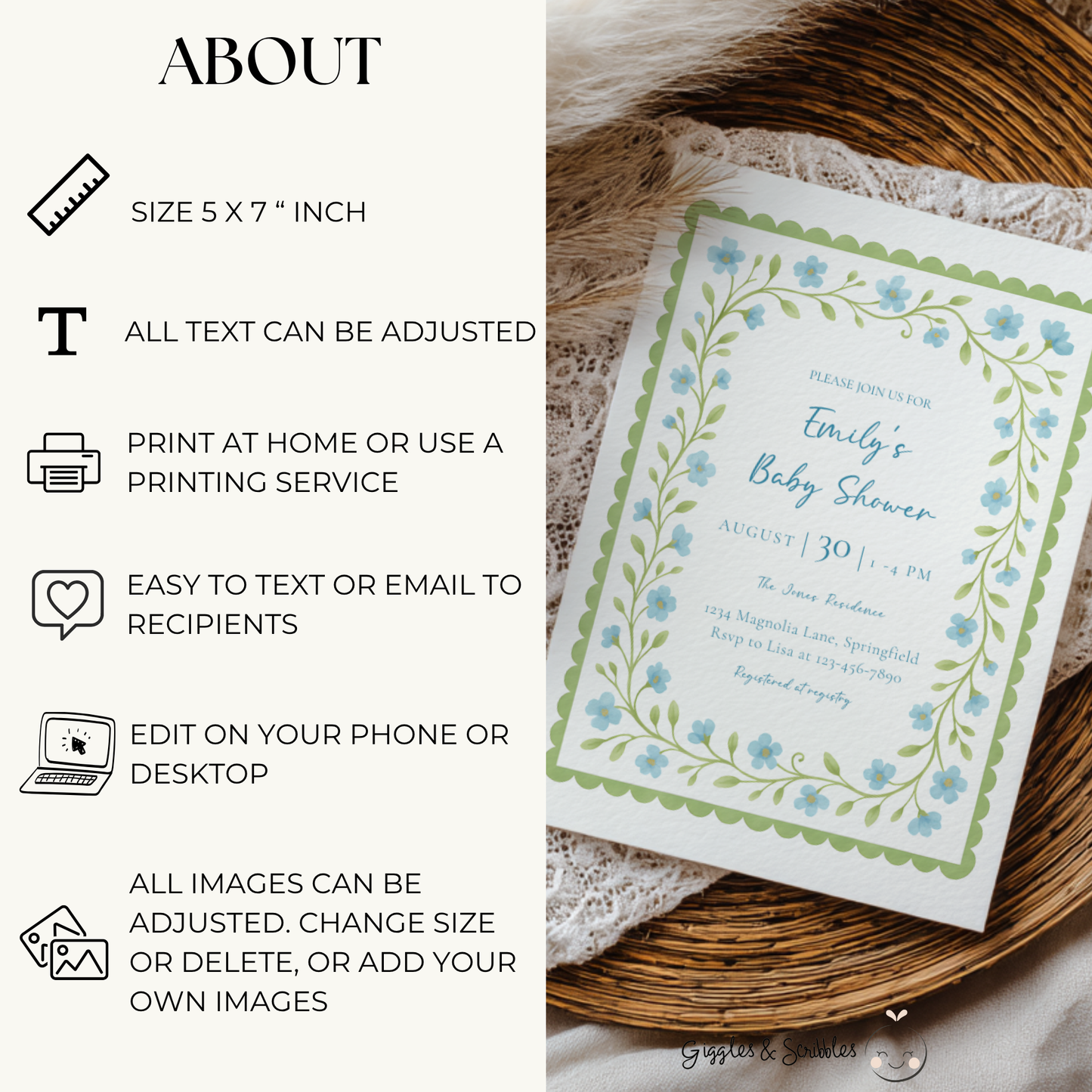 Baby Shower Invitation - Blue & Green Floral Garden Party BS169