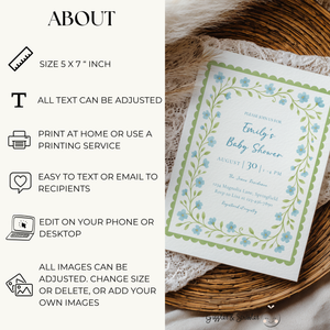 Baby Shower Invitation - Blue & Green Floral Garden Party BS169