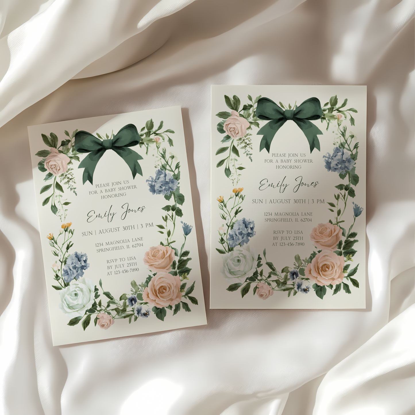 Baby Shower Invitation - Vintage Floral Elegant French Garden Party Green Bow BS126