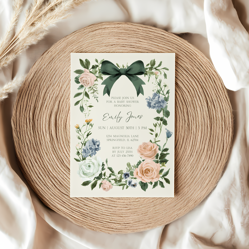 Baby Shower Invitation - Vintage Floral Elegant French Garden Party Green Bow BS126