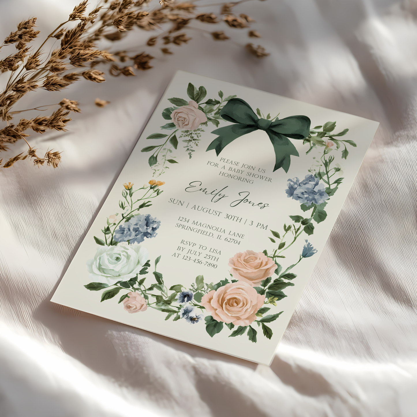 Baby Shower Invitation - Vintage Floral Elegant French Garden Party Green Bow BS126