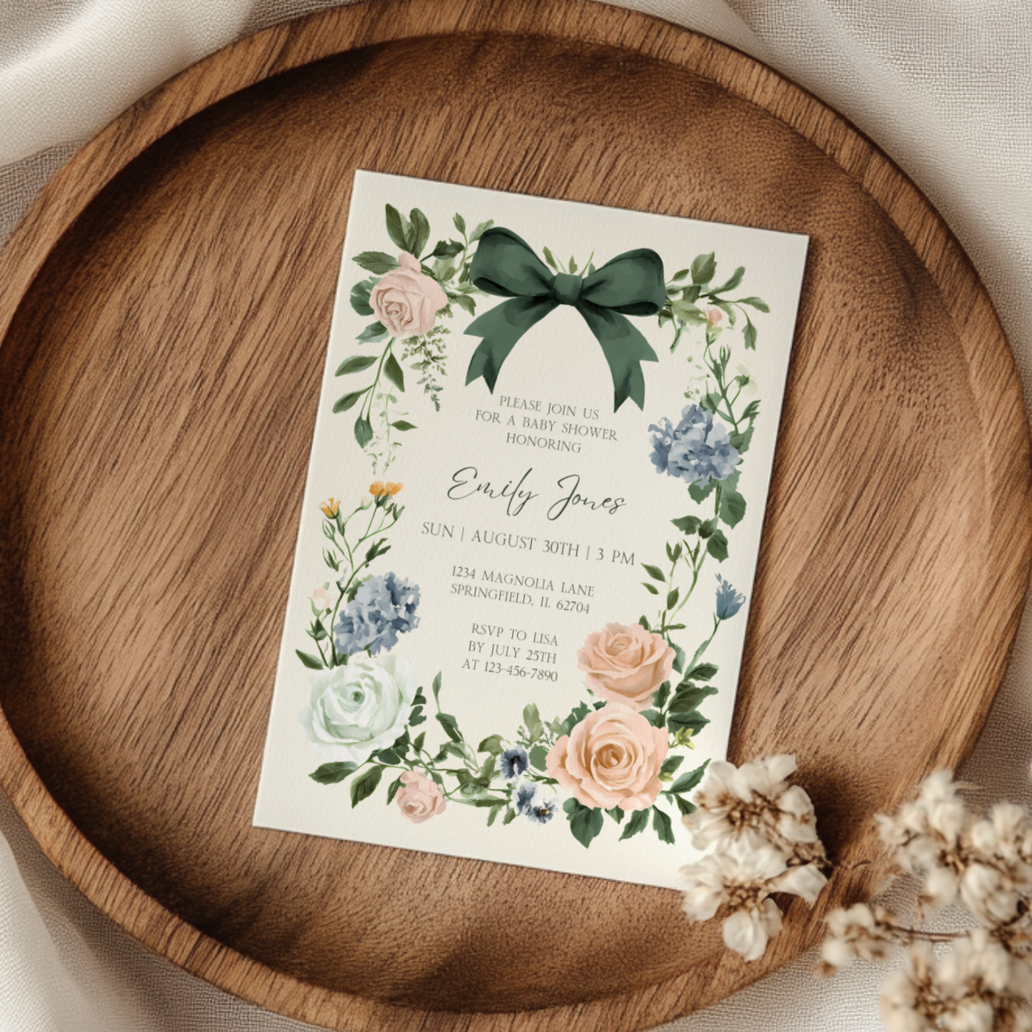 Baby Shower Invitation - Vintage Floral Elegant French Garden Party Green Bow BS126