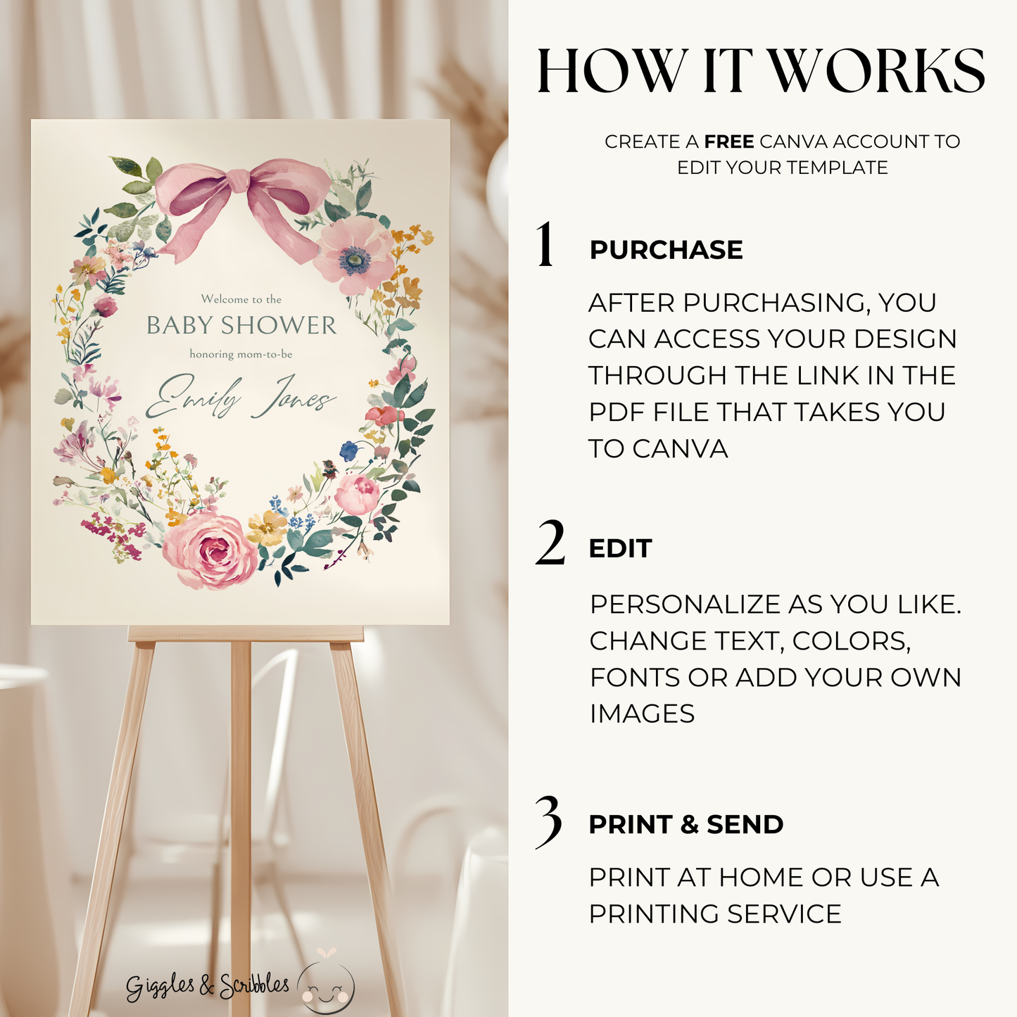 Baby Shower Welcome Sign - Baby In Bloom Beige Vintage Floral BS71