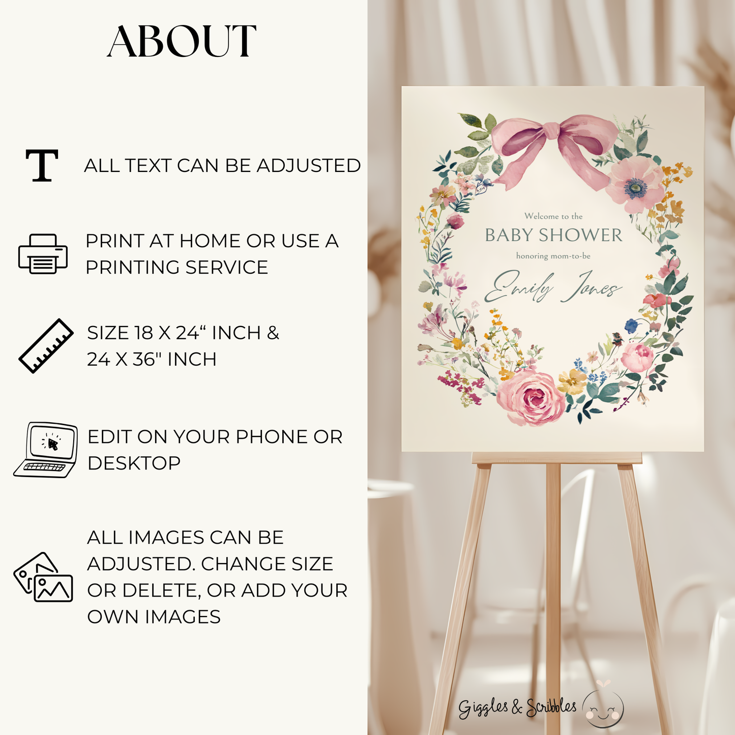 Baby Shower Welcome Sign - Baby In Bloom Beige Vintage Floral BS71