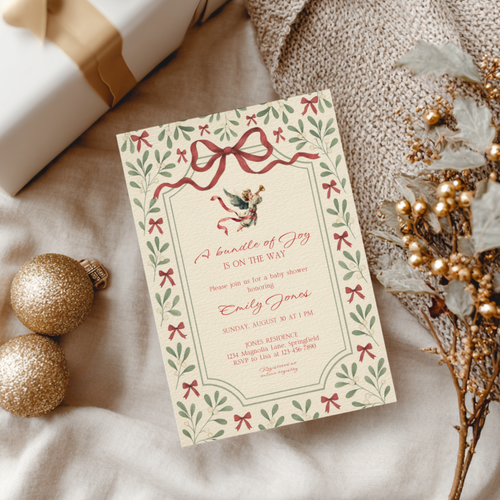 Baby Shower Invitation - Vintage Christmas Florals with Elegant Angel BS232