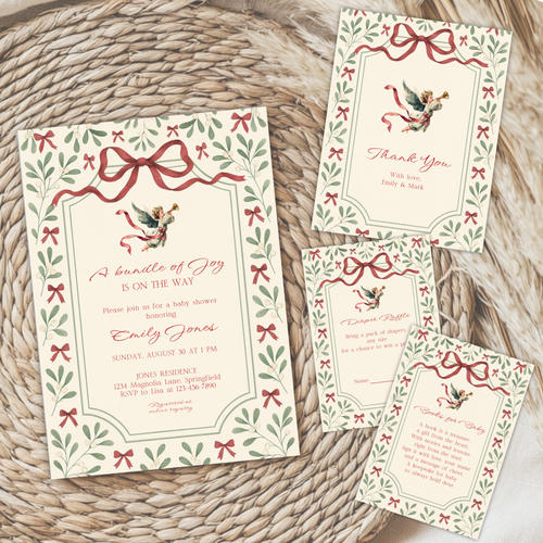 Baby Shower Invitation Bundle - Vintage Floral Christmas Bundle of Joy BS232