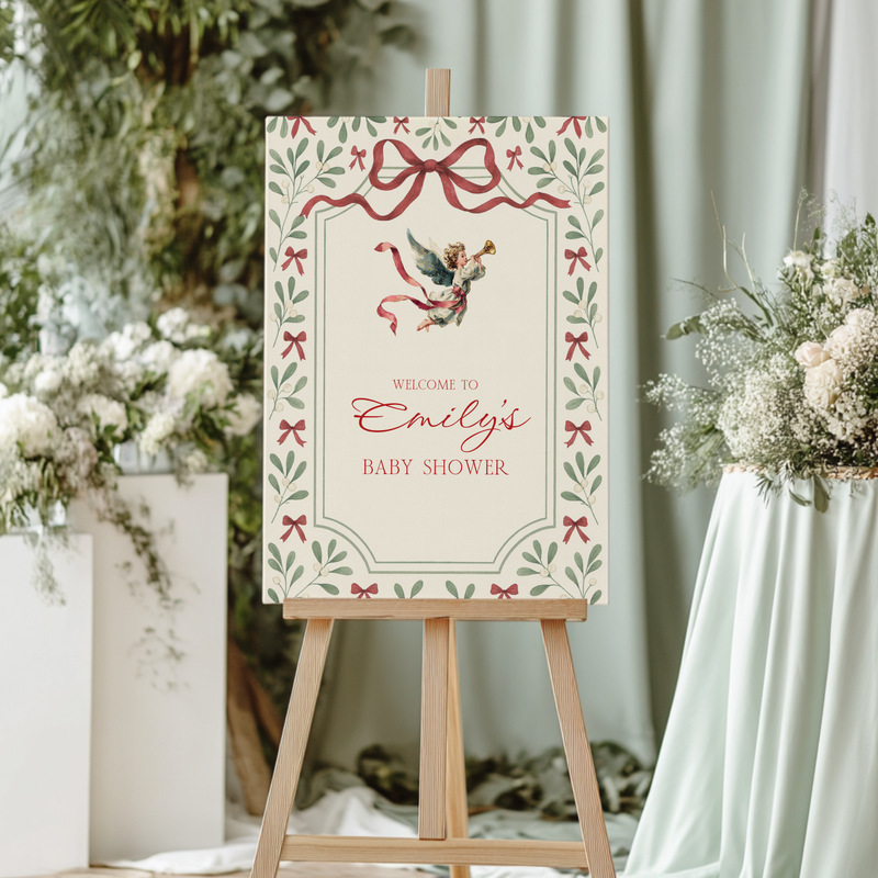 Baby Shower Welcome Sign - Vintage Floral Christmas Angel BS232