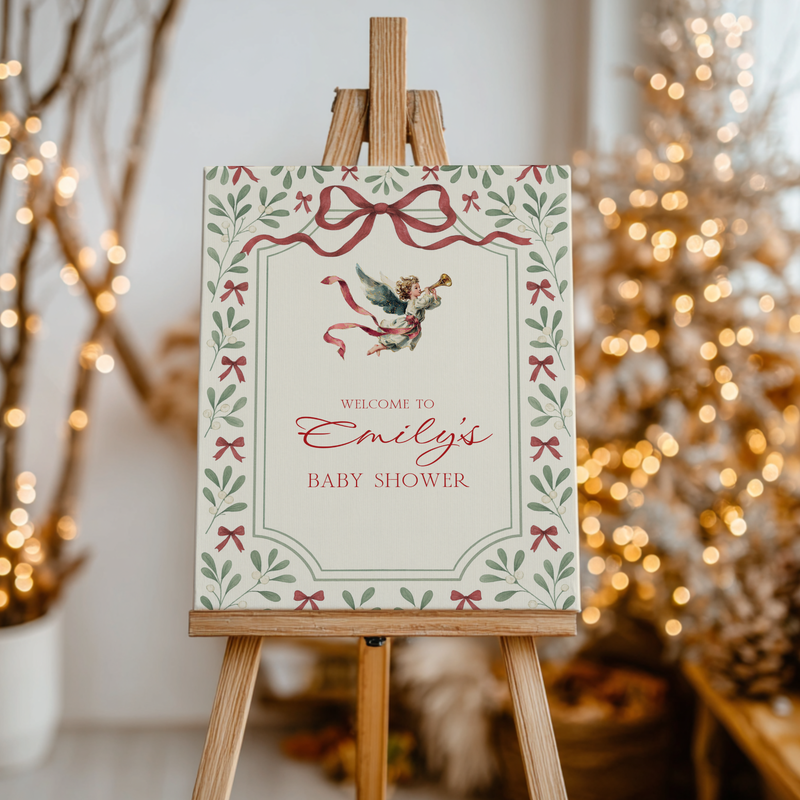 Baby Shower Welcome Sign - Vintage Floral Christmas Angel BS232