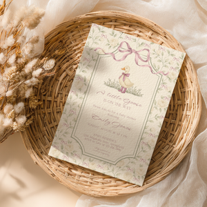 Baby Shower Invitation - Grandmillennial Little Goose with Dusty Pink Bows BS150