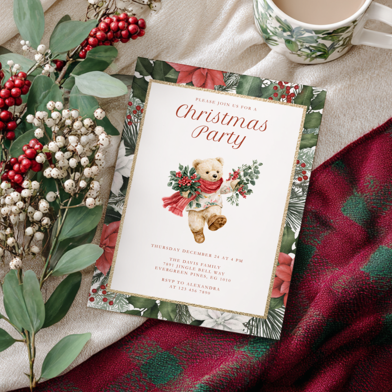 Vintage Bear Elegant Christmas Party Invitation L66