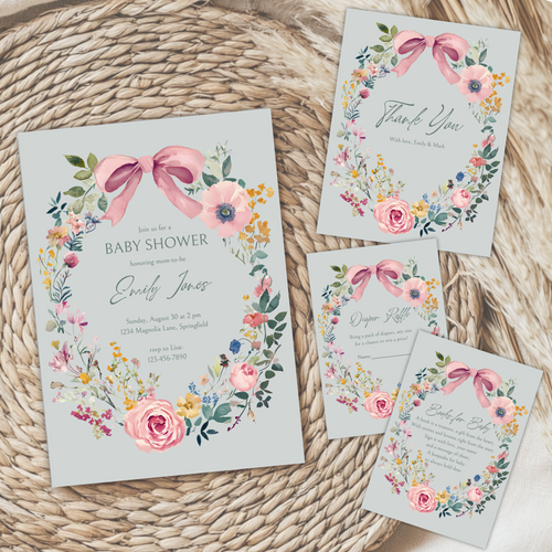 Baby Shower Invitation Bundle - Baby In Bloom Sage Green Hand Drawn Vintage Florals BS71
