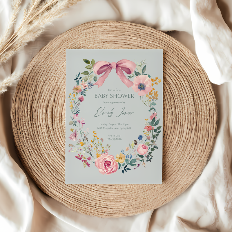 Baby Shower Invitation Bundle - Baby In Bloom Sage Green Hand Drawn Vintage Florals BS71