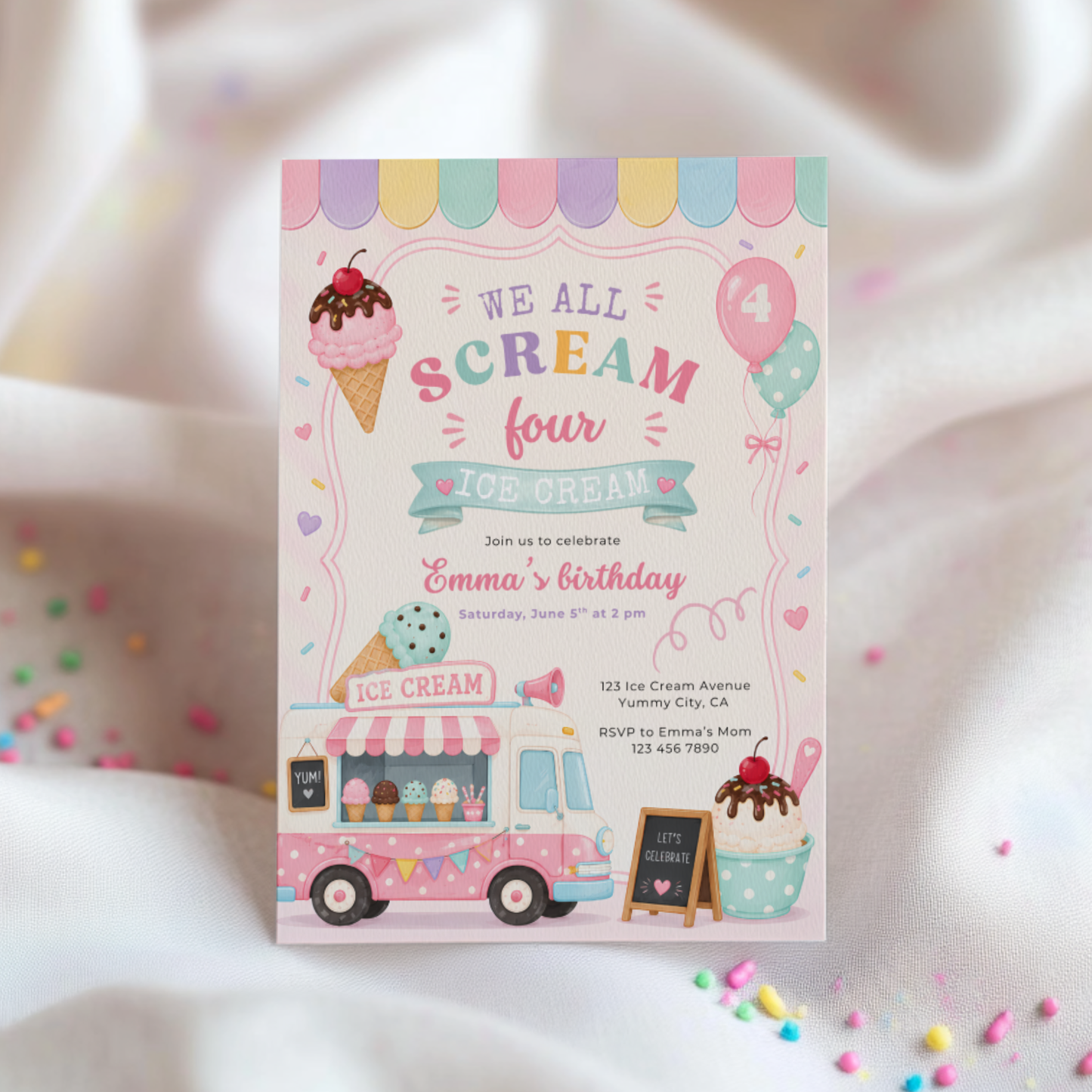 We All Scream Four Ice Cream 4th Birthday Invitation L139