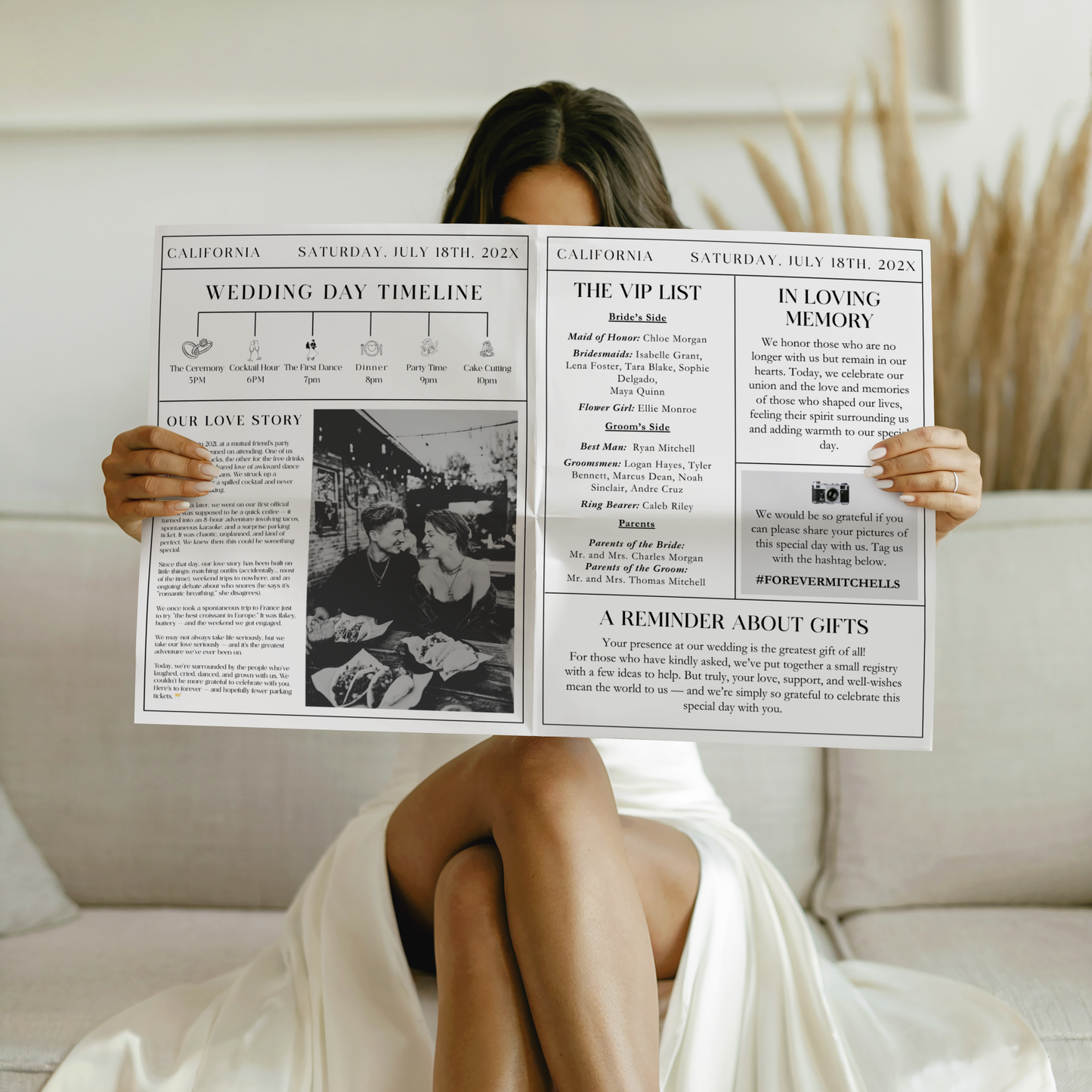 Editable Wedding Newspaper Template with Wedding Program Timeline L25