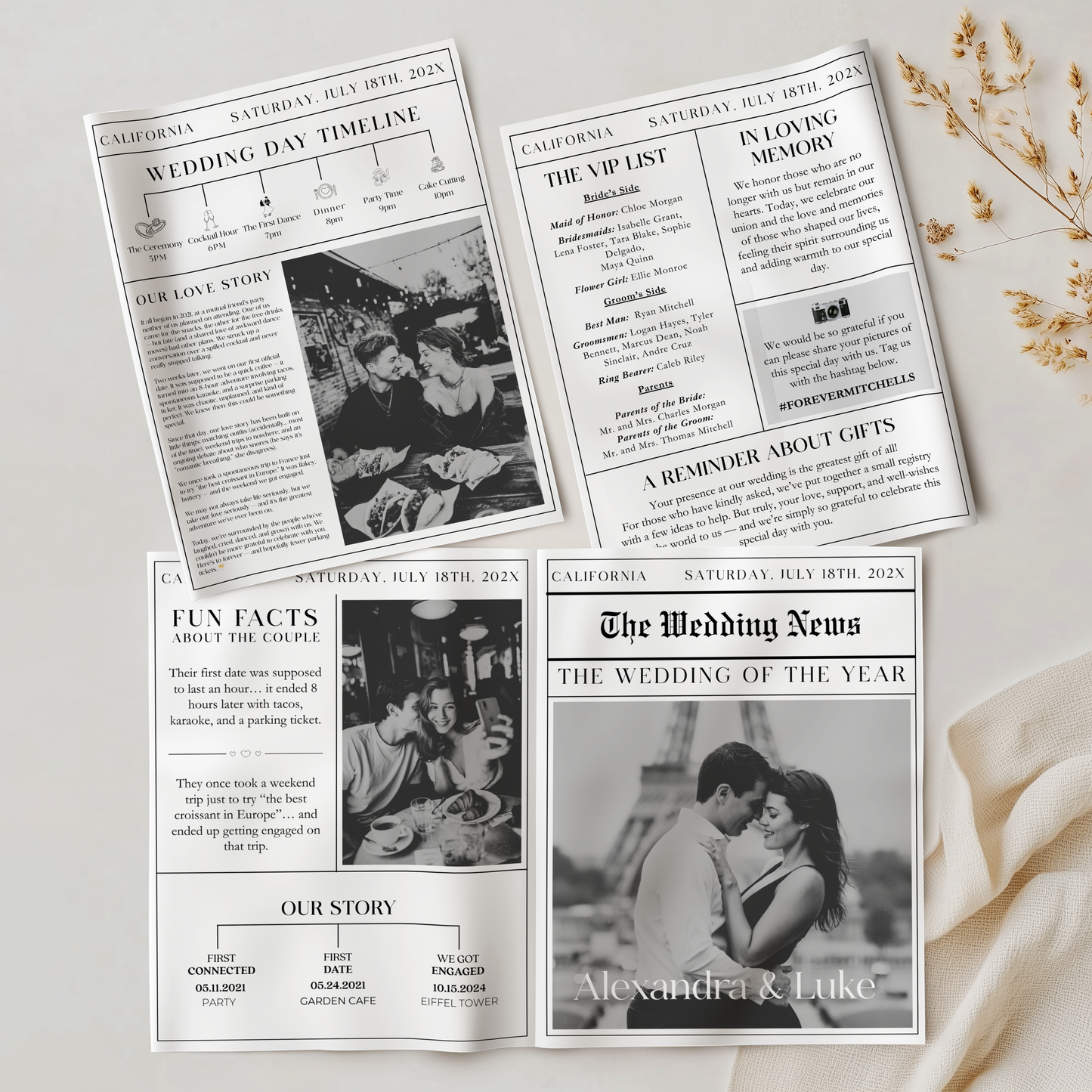 Editable Wedding Newspaper Template with Wedding Program Timeline L25