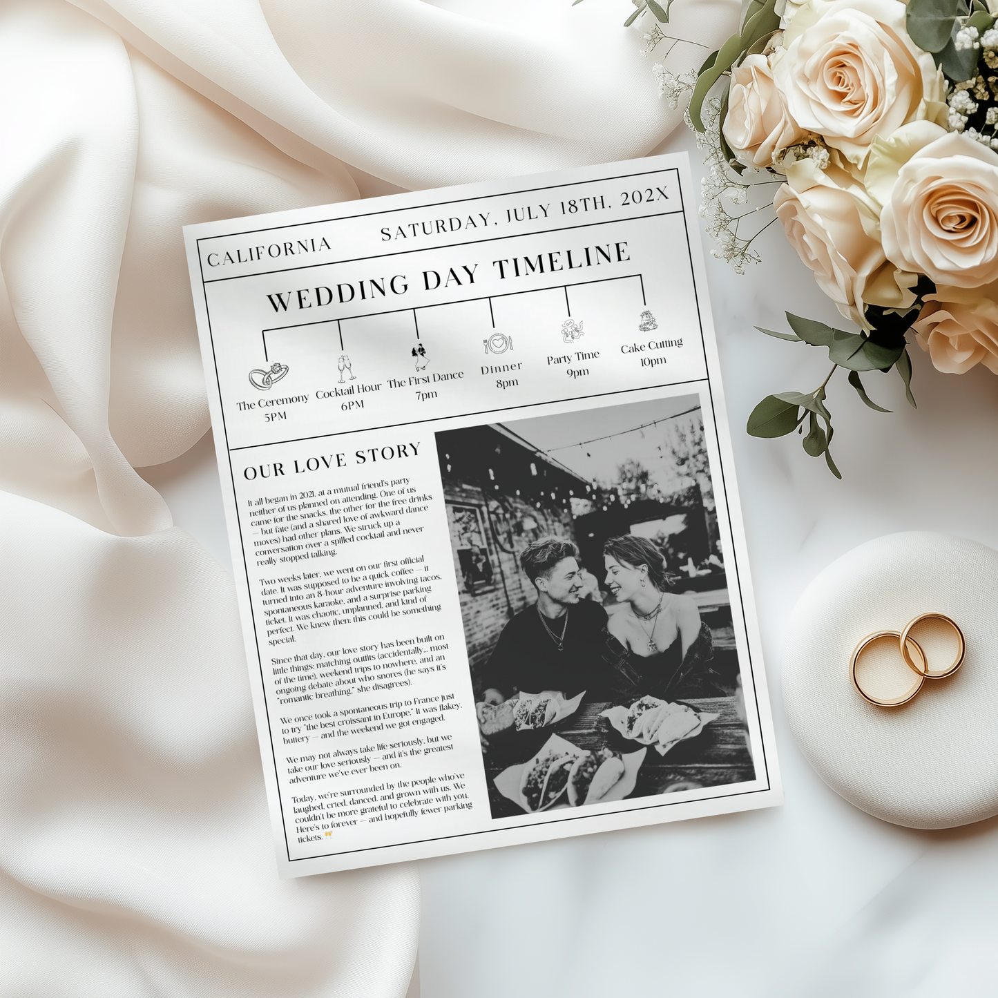 Editable Wedding Newspaper Template with Wedding Program Timeline L25