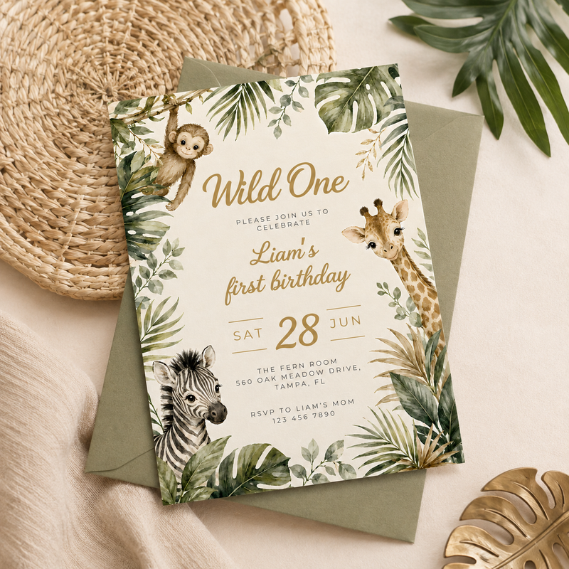 Wild One Safari First Birthday Invitation L160