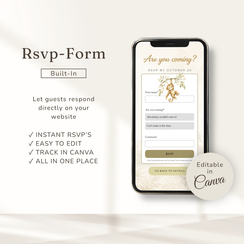 Wild One Safari First Birthday Website Invitation with RSVP Tracker L160