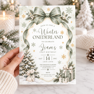 Sage Green Winter Onederland First Birthday Invitation L186