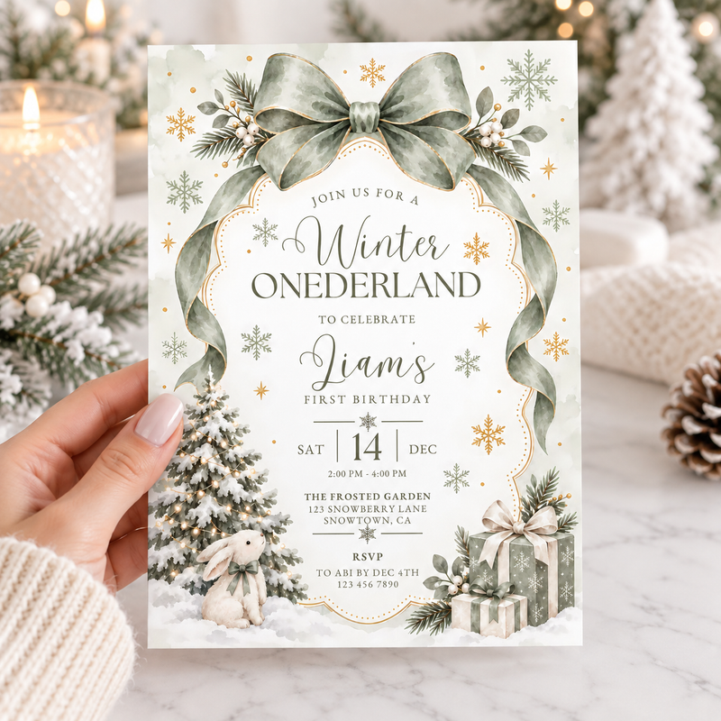 Sage Green Winter Onederland First Birthday Invitation L186