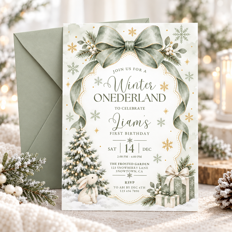 Sage Green Winter Onederland First Birthday Invitation L186