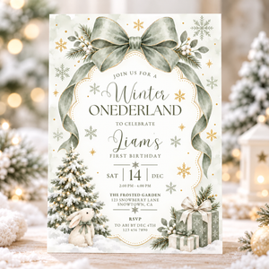 Sage Green Winter Onederland First Birthday Invitation L186