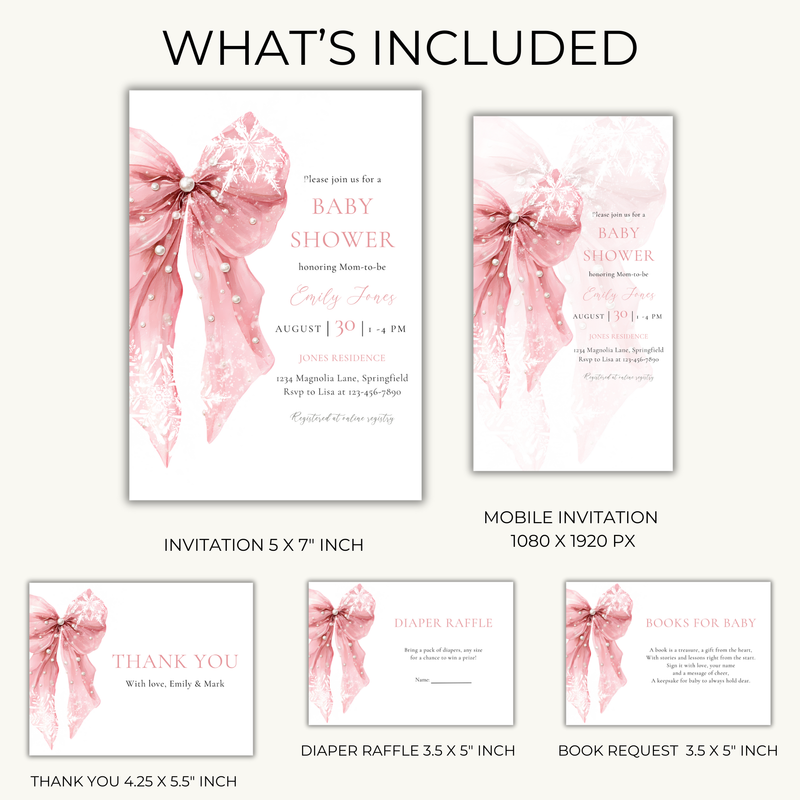 Pink Bow Snowflake Winter Baby Shower Invitation Bundle BS257