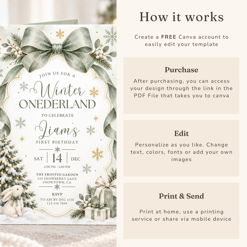 Sage Green Winter Onederland First Birthday Invitation L186