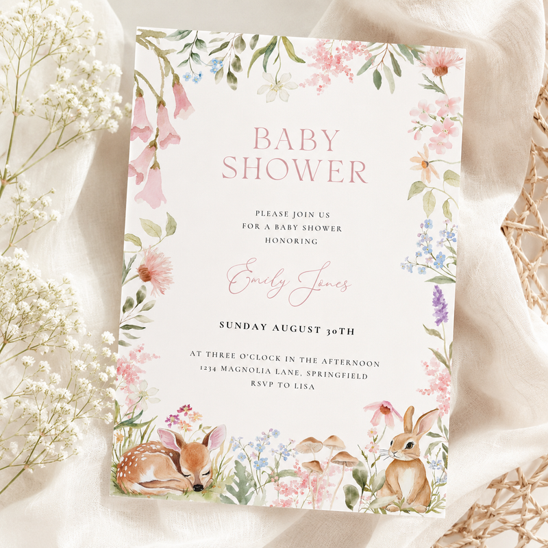 Floral Woodland Baby Shower Invitation Bundle - Bunny Deer Forest Animals BS188