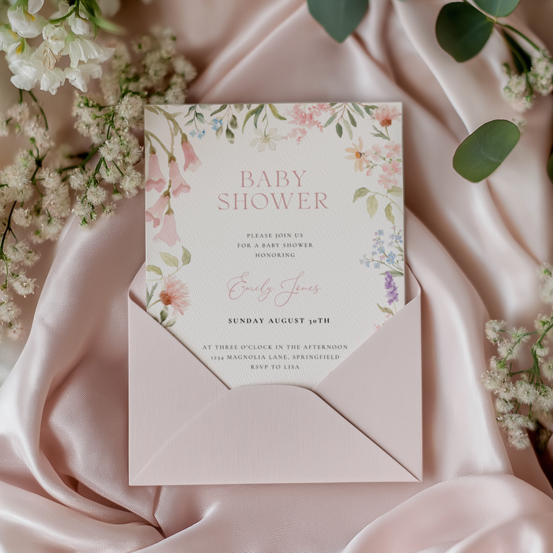 Baby Shower Invitation - Woodland Forest Animals Pastel Wildflowers BS188