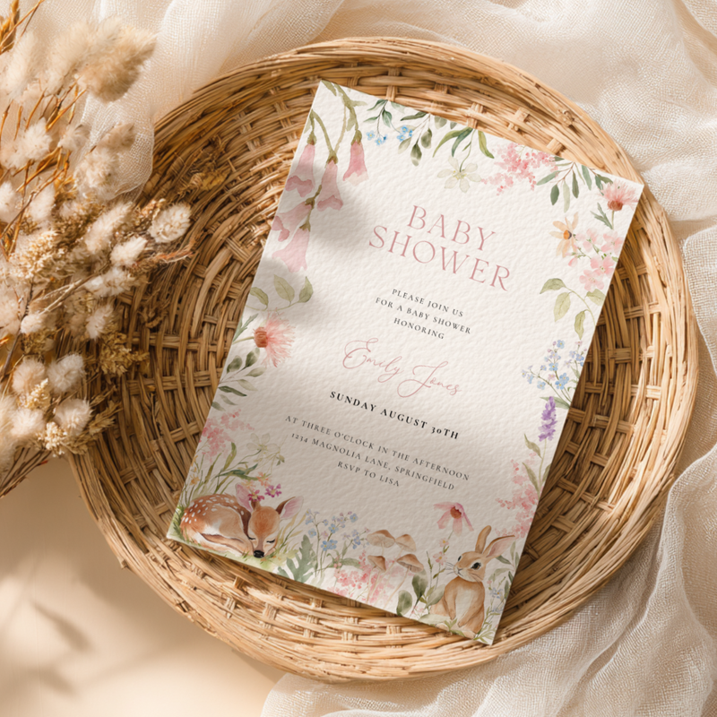 Baby Shower Invitation - Woodland Forest Animals Pastel Wildflowers BS188