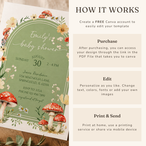 Green Mushroom Fungi Fall Woodland Baby Shower Invitation BS82