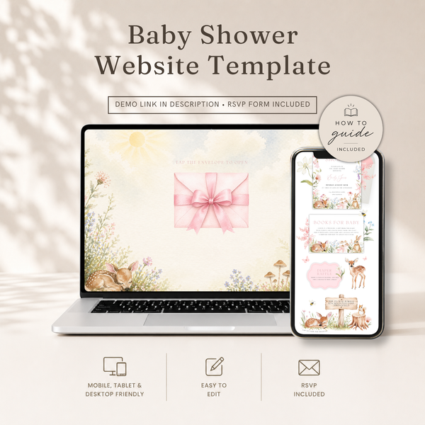 Floral Woodland Baby Shower Website Template - Editable RSVP Website BS188