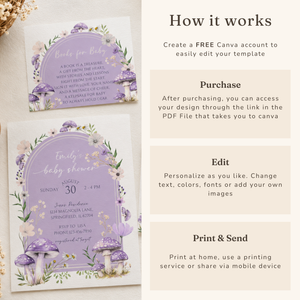 Purple Mushroom Woodland Baby Shower Invitation Bundle BS82