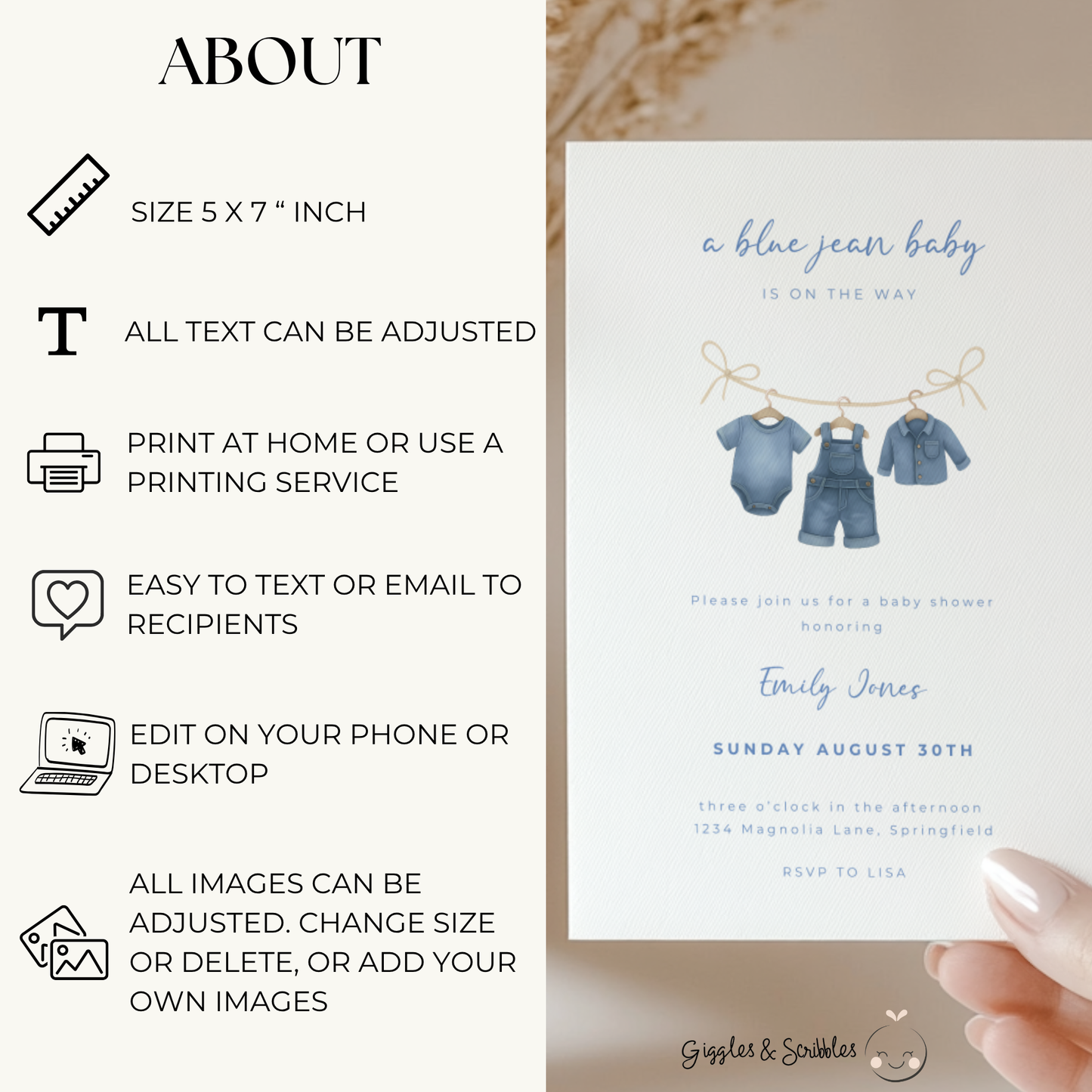 Baby Shower Invitation Bundle - Blue Jean Baby Denim Clothesline BS194