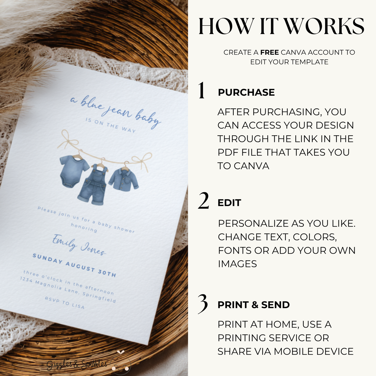 Baby Shower Invitation Bundle - Blue Jean Baby Denim Clothesline BS194