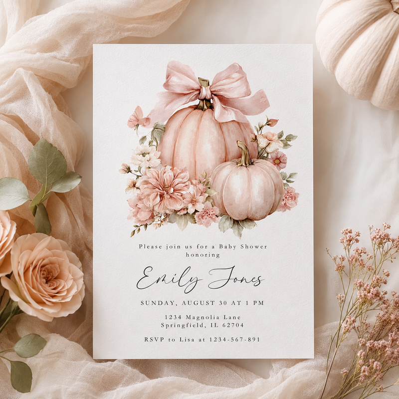 Pink Pumpkin Bow Baby Shower Invitation BS233