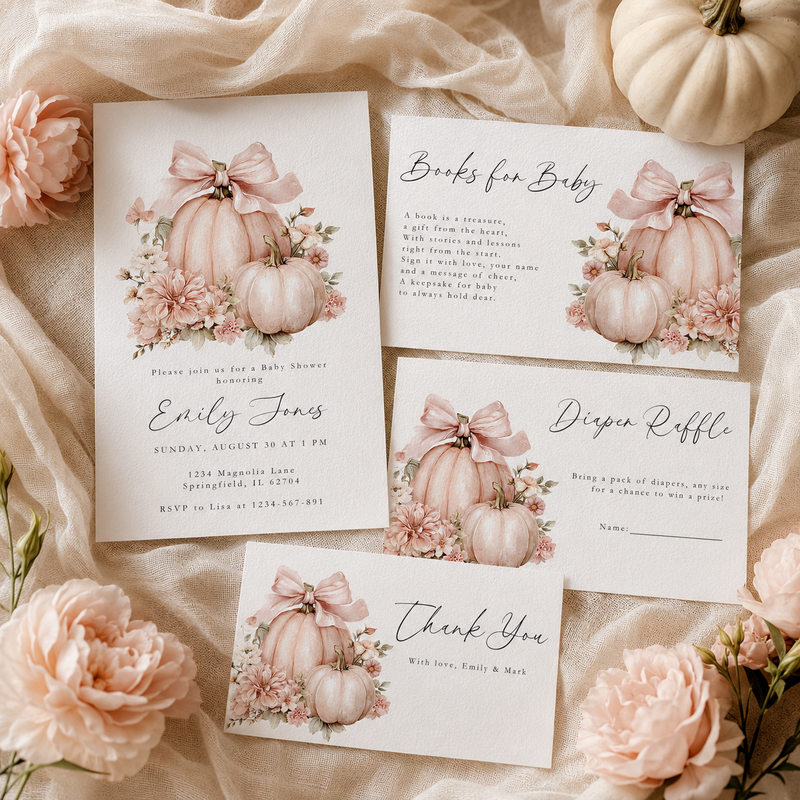Pink Little Pumpkin Baby Shower Invitation Bundle BS233